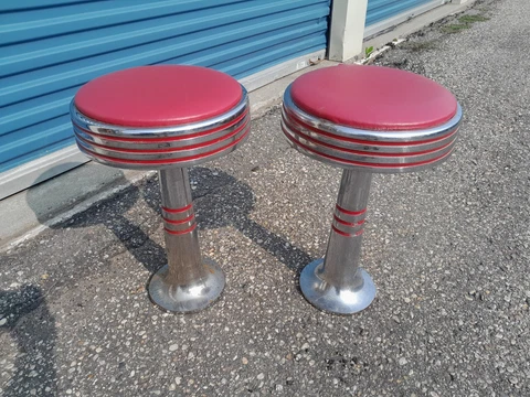 Amazing Pair Of Authentic 1950's Vintage Soda Shop Chrome & Red Vinyl Stools! Cover
