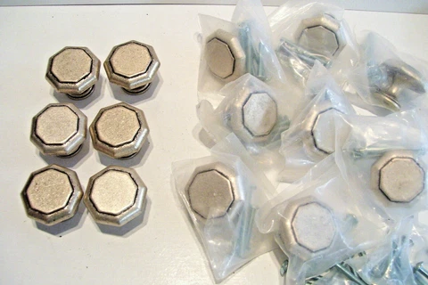 Set of 14 Metal Drawer Knobs Pulls w Screws Pewter Finish 1.5 in. Octagonal NOS Cover