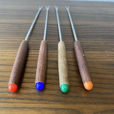 Vtg Fondue Forks Stainless Steel MCM Wood Handle Color Dot Set of 4 Japan - Image 1 of 3