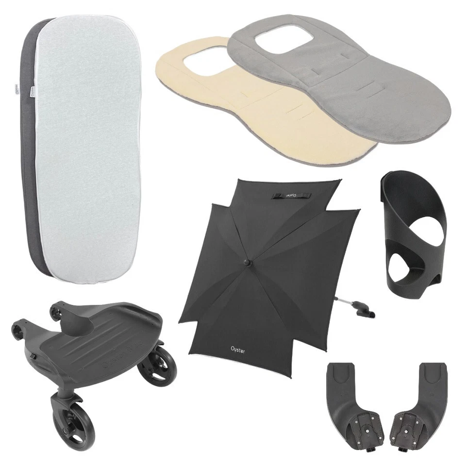 OYSTER Austern Kinderwagen Zubehör Aufsitzbrett Getränkehalter Babywanne Laken Sonnenschirm