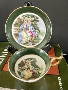 Regency Pareja Romántica Escena de Amor Té Taza Verde Platillo Hueso China Inglaterra - Imagen 1 de 14