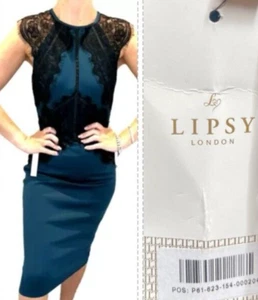 Lipsy Green Teal Black Bodycon Dress 12 Lace Occasion Party Wedding Cruise - Picture 1 of 16