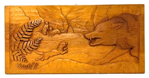 Placa colgante de pared tallada en madera con lobo y comadrejas, caza, 22" x 10,5" - Imagen 1 de 20