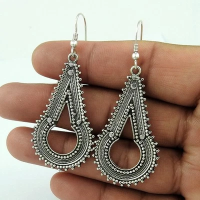 Sólido 925 Plata de Ley Handmade Artesano Pendientes Largos Mujer Regalo Navidad - Imagen 1 de 4