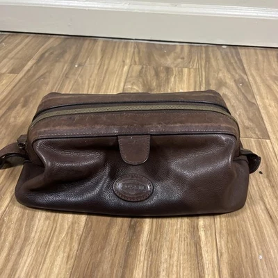 化石皮革 Dopp 套件 化妆品 剃须 旅行包 棕色 男式 拉链 顶盒 — 第 1/4 张图片