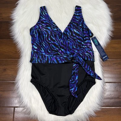 Longitude Women's Size 10 Painted Safari Belted Surplice One Piece Swimsuit - Image 1 of 4