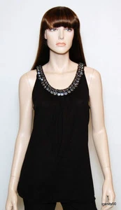 Nwt $334 Magaschoni Cotton Jersey Knit Jeweled Neck Dress Tank Top ~Black *L - Picture 1 of 6
