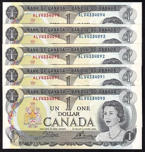 Canada 1973 $1 One Dollar Five Consecutive Banknotes Crow - Bouey Prefix ALV - Picture 1 of 2