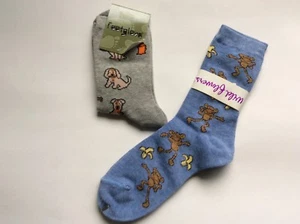 2 PAIRS LADIES NOVELTY SOCKS * DOGS/FIRE HYDRANT AND MONKIES * BLUE/GRAY - Picture 1 of 2