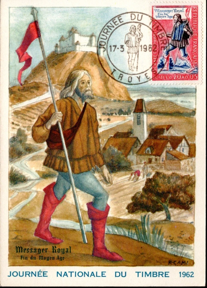1332 + FDC  CARTE  1er JOUR   JOURNEE DU  TIMBRE 1962  MESSAGER DU MOYEN AGE - Photo 1/1