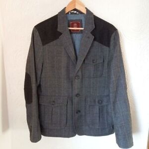 NEXT Grey Tweed Slim Fit Blazer Jacket 40R Elbow Patches Wool Rich