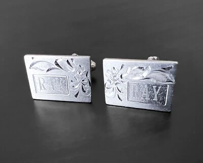 Vintage Anson Sterling Silver Rectange Texture Etched Floral Cufflinks Ray - Image 1 of 4