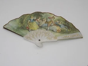 Vintage Giner Hand Fan Courting Couples Linen Plastic Gold Painted - Picture 1 of 7