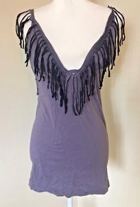 FREE PEOPLE M Blue Festival Fringe BOHO Tank Top Deep V-neck back tie studded - Picture 1 of 8