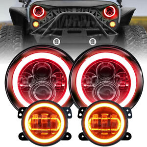 Red Halo 7'' LED Headlights 4" Fog Lights Combo for Jeep Wrangler JK JKU 07-17