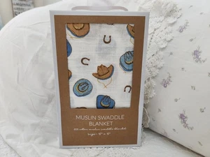NEW MUD PIE WESTERN COWBOY HATS & HORSE SHOES MUSLIN BABY SWADDLE BLANKET - Picture 1 of 2
