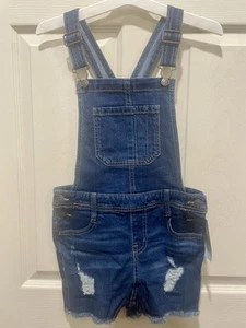 Girls' Destructed Jean Shortalls - Cat & Jack, Dark Wash, Size M (7/8) - Picture 1 of 5