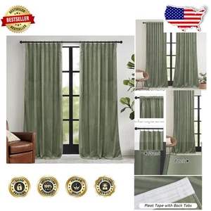 Elegant Sage Green Velvet Room Darkening Curtains 84" - Thermal Insulated Drapes - Picture 1 of 9