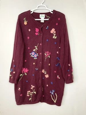 Quacker Factory 3X Burgundy Floral Embroidered Longline Cardigan Sweater Duster - Image 1 of 4