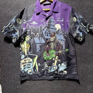 Rock n Roll Horror Halloween Button Up Shirt  Short Sleeve  Unique Haunted House - Picture 1 of 12