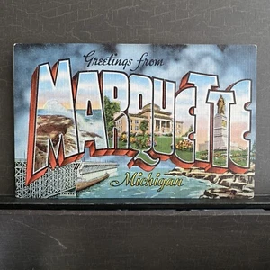 Greetings from Marquette Michigan MI large big letter Vintage Linen Postcard UNP - Picture 1 of 2