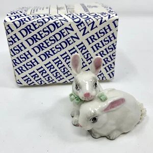 VTG Irish Dresden Ireland Rabbit Bunny Porcelain Figurine Ribbon Lace Tail w Box - Picture 1 of 11