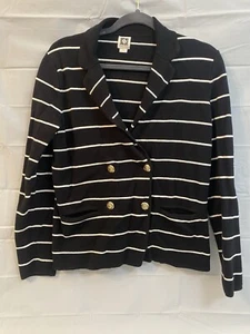 Cárdigan tejido a rayas blanco negro Anne Klein tejido doble botonadura talla L - Imagen 1 de 6