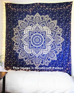 Ombre Mandala Wall Hanging Blue Gold Tapestry Queen Bed Cover Bedding Home Decor - Picture 1 of 2
