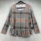 Entro Sweater Womens Large Brown Plaid Long Sleeve Ruffle Round Neck Knit