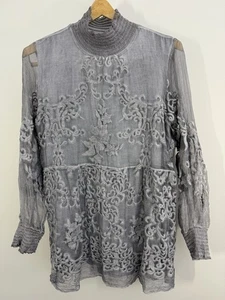 Soft Surroundings 100% Silk Embroidered Lace Chiffon Tunic Top Blouse S Gray - Picture 1 of 6