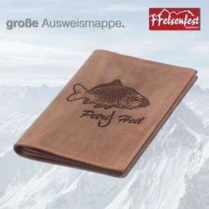 Leder-Ausweismappe Ausweishülle Petri-Heil Motiv I Geschenkidee für Angler - Picture 1 of 5