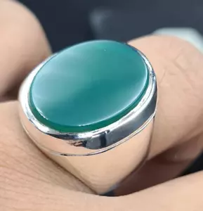 Unheated Green Yemeni aqeeq ring for men - Natural Yamani hakik rings Real agate - Picture 1 of 9