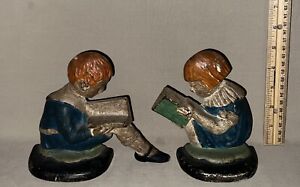 Antique Cast Iron Maxfield Parrish Boy & Girl Reading Book Bookends Rare Hubley