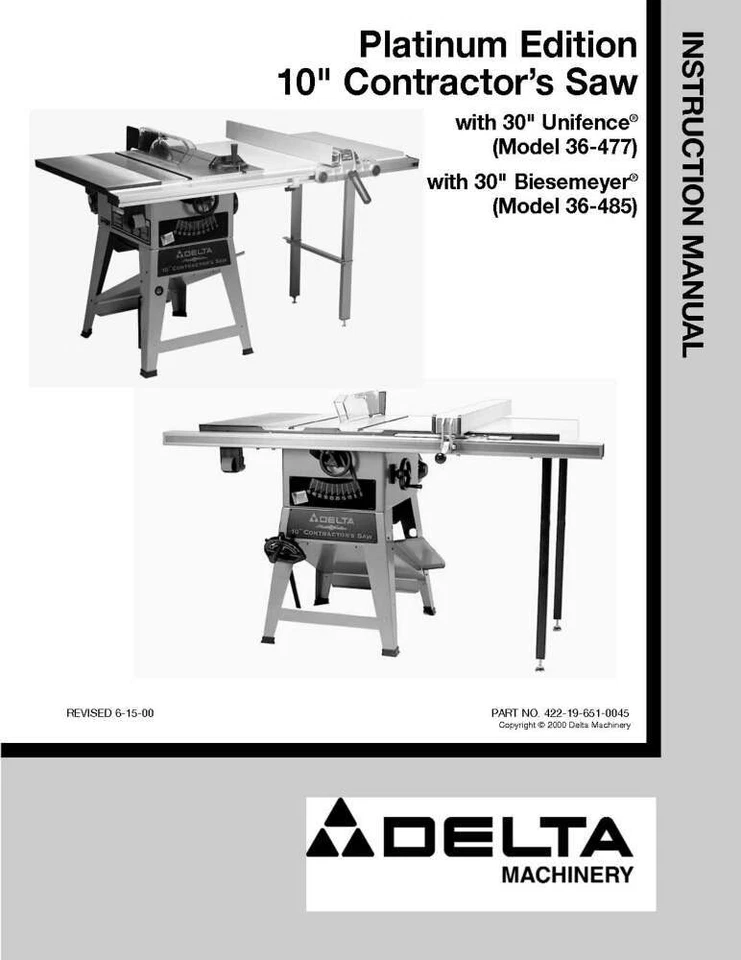 Delta 36-477 36-485 Platinum Edition 10" Contractors Saw Instruction Manual - Image 1 of 1