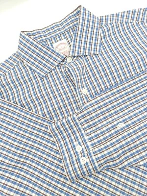 🇺🇲 Camisa Brooks Brothers Para Hombre L 16.5x35 Azul Marrón Cuadros Ajuste Regular Sin Planchar Foto 1 de 4