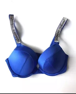 New Victorias Secret Rhinestone Shine Logo Strap Push-up Bikini Top Blue 32c NWT - Picture 1 of 2