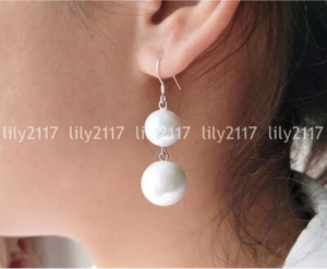 Genuine 10mm 12mm White South Sea Shell Pearl Round Silver Hook Dangle Earrings - Picture 1 of 3