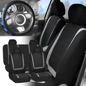 Car Seat Covers Gray Black Full Set for Auto w/Blue Leather Steering Wheel