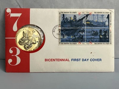 Vtg BICENTENNIAL FIRST DAY COVER 1973 MEDAL & FIRST DAY Boston Tea Party STAMPS - Image 1 of 4