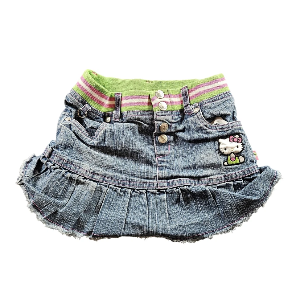 Linda Falda Denim Hello Kitty Niñas Pequeña Rosa Verde Cintura Bordada Jeans Foto 1 de 4