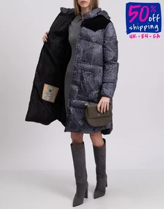 RRP€469 BLAST-OFF Puffer Jacket Size 1 S Grey Paisley Hooded Leather Trim  - Picture 1 of 11