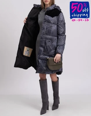 RRP€469 BLAST-OFF Puffer Jacket Size 1 S Grey Paisley Hooded Leather Trim  - Image 1 of 4