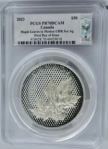 2023 Canada $50 Silver 5 Oz Maple Leaves in Motion UHR PCGS PR70 FDOI Blunt Sign - Picture 1 of 2