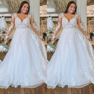 Vintage Brautkleider Spitze Applikationen Lange Ärmel V-Ausschnitt Brautkleider - Bild 1 von 9