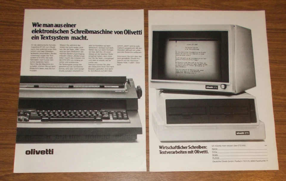Seltene Werbung OLIVETTI ETV 1010 Word Processor Schreibsystem Textcomputer 1981 - Image 1 of 1