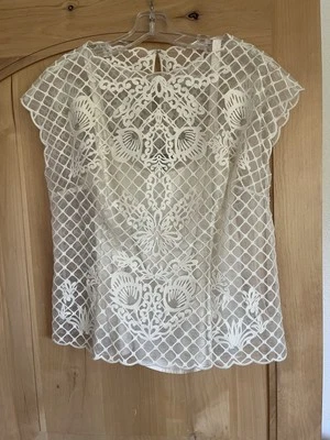 Escada White Embroidered Lace Mesh Top Size L - Image 1 of 4