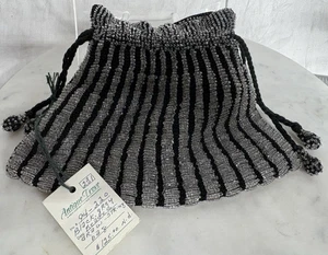 Beaded Evening Bag Black With Glass Beads Drawstring Purse Fragile Lining Issue - Picture 1 of 14