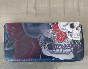 Women’s Zip-Around Wallet Tattoos, Roses, Skulls - Picture 1 of 4