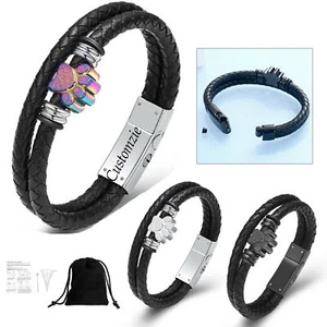 Paw Print Locket Double Layer Funeral Braided Leather Bracelet Cremation Ashes - Picture 1 of 5