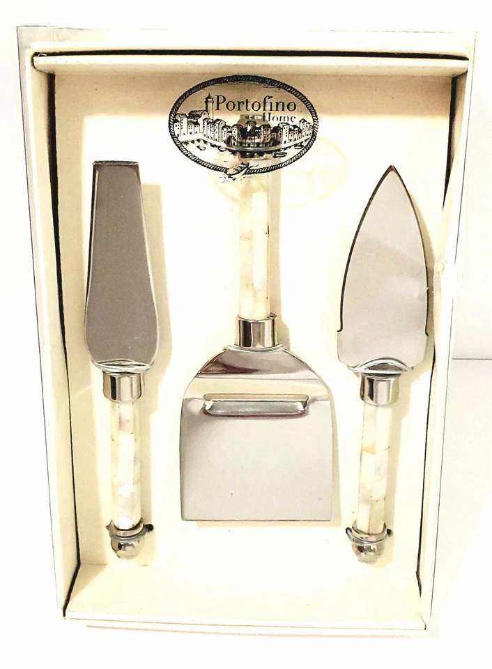 PORTOFINO HOME Juego de 3 cuchillos rebanadores de queso con mango de mármol blanco beige natural Foto 1 de 4